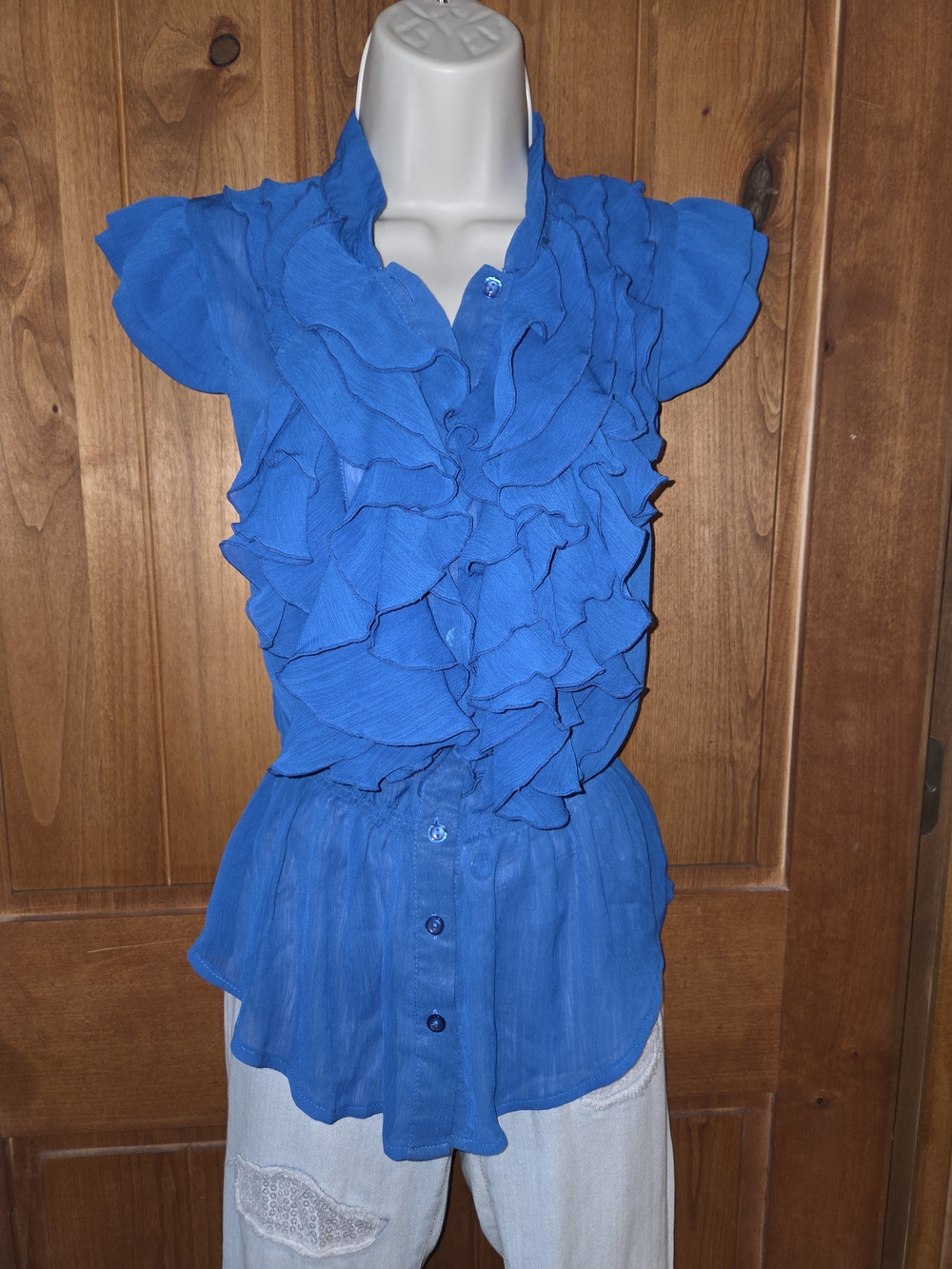 Miley Cyrus & Max Azria Royal Blue Ruffled Sheer Button Blouse